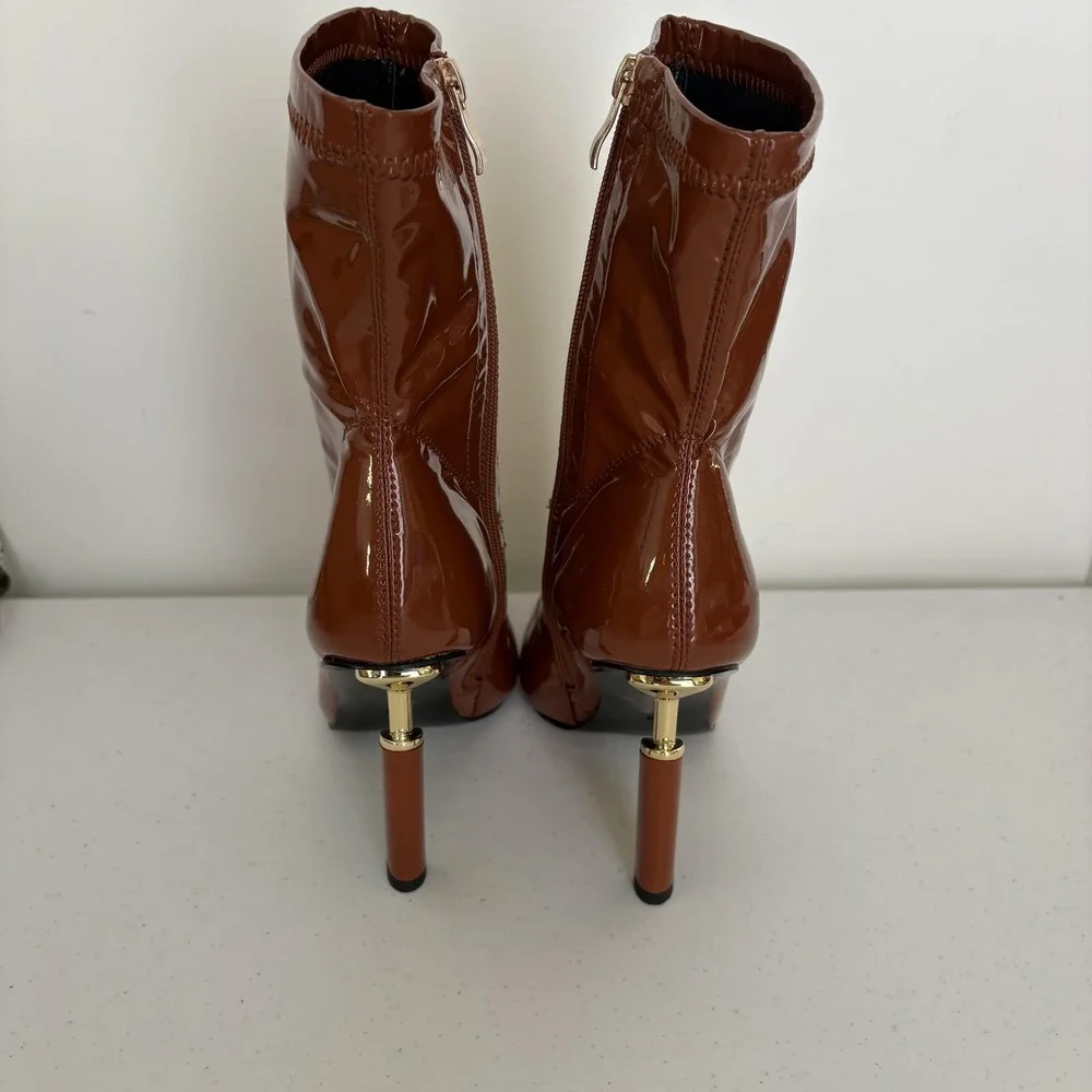 Azalea Wang Boots Womens Size 9 Brown Patent Pointed Toe Stiletto Zip Ankle Gold